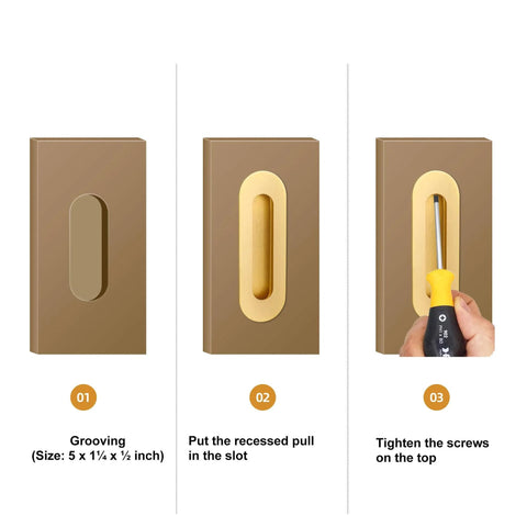 Gold 6 Inch Recessed Finger Flush Pulls For Pocket Doors Two Pack Dope Brushed Gold Stainless Steel Oval Barn Door Hardware Rust Proof Heavy Duty Sliding Door Handles in installation steps showing grooving, positioning, and tightening with a screwdriver