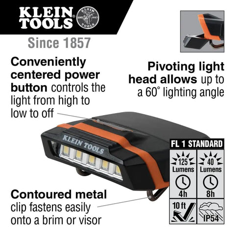 Cap Visor Clip LED Light With Pivoting Head, Battery-Powered 2xAAA, handsfree hat light with 125 lumens and orange accent.
