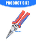Premium Stainless Steel Wire Crimper And Stripper Tool For Electricians viewed from above showing ergonomic grips and measurement of 215mm.