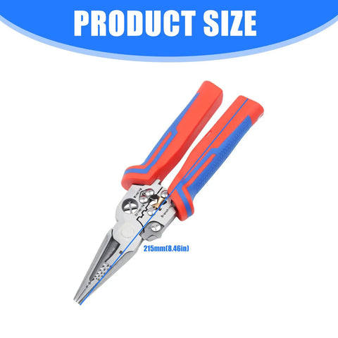Premium Stainless Steel Wire Crimper And Stripper Tool For Electricians viewed from above showing ergonomic grips and measurement of 215mm.