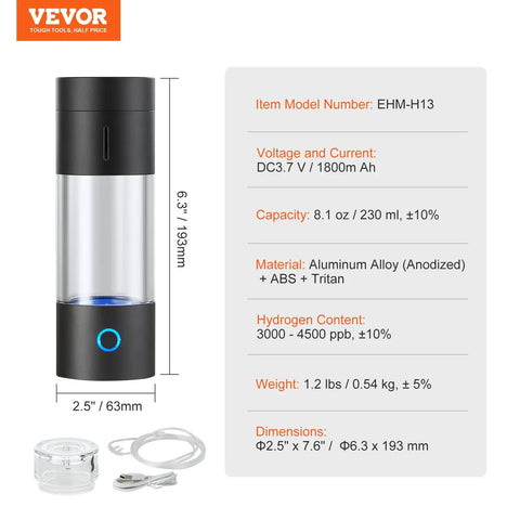 Hydrogen Water Bottle Generator with SPE technology, 230 ml capacity, aluminum and Tritan materials, portable design shown.