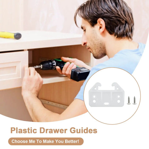 Man installing Top Shelf Bottom Mount Drawer Slide Guides 12 Pack Plastic Track Rails in a cabinet with drill.