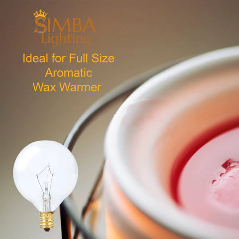 Aromatic Wax Warmer Small Globe Bulbs G16.5 25W E12 Candelabra Base for wax warmers, shown in use next to a red wax warmer.
