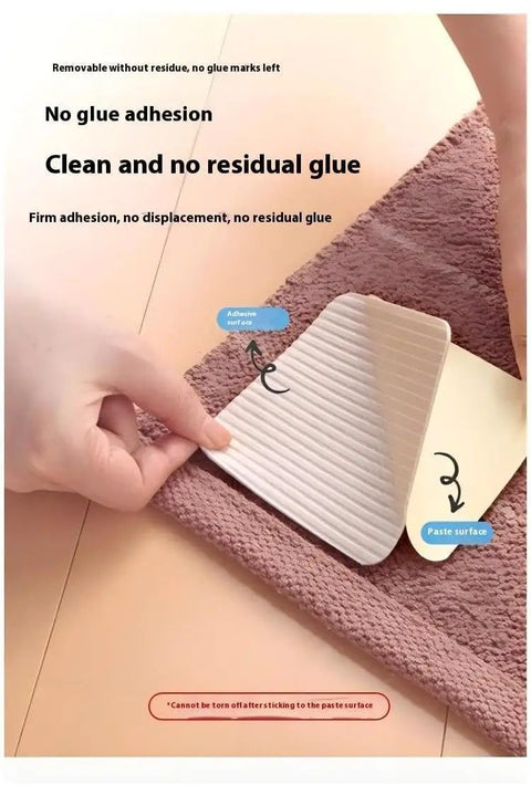 Non Slip Rug Fasteners And Corner Rug Grips Hardwood Floor Safe Rug Tape With Strong Adhesion demonstration on pink rug