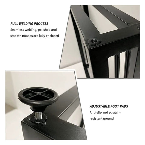 Close-up of Top Shelf Iron Table Legs With Bolt On Flange, Black Coated Steel Base featuring adjustable foot pads for stability.