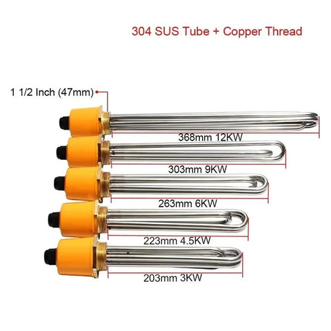 Heavy Duty One And A Half Inch Copper Thread Immersion Water Heater Featuring Real Tough Corrosion Resistant Stainless Steel Heating Element With Automatic Reset Thermostat For No Sweat Hot Water In Tanks Or Drums - 304 SUS tube with various lengths and wattages