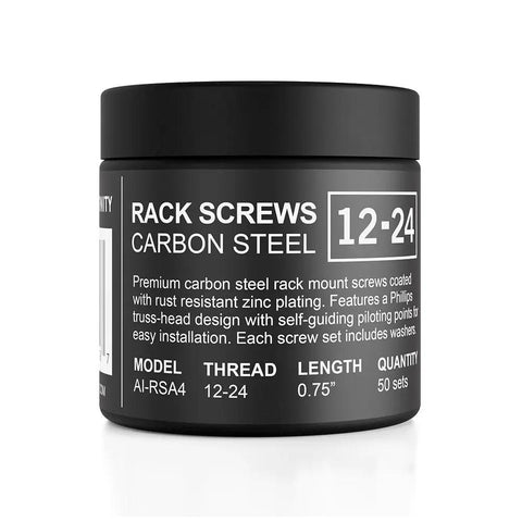 12 By 24 Rack Screws With Nylon Washers, 50 Piece Set For Server Racks Enclosures And Cabinets, Carbon Steel, Black Zinc Finish
