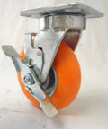 Heavy Duty Kingpinless Swivel Casters Set Of Four With Solid Foot Brakes 6 Inch Orange Polyurethane Wheels showing individual caster with brake.