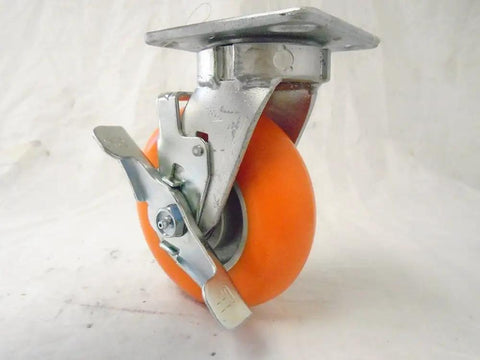 Heavy Duty Kingpinless Swivel Casters Set Of Four With Solid Foot Brakes 6 Inch Orange Polyurethane Wheels showing individual caster with brake.