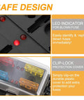 Close-up of Road Ready 4 Way Blade Fuse Box With Built In Led Indicator For Blown Fuses showing LED indicators and fuses installed.