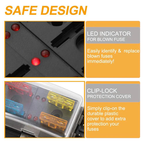 Close-up of Road Ready 4 Way Blade Fuse Box With Built In Led Indicator For Blown Fuses showing LED indicators and fuses installed.
