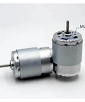 Rock Solid 385 Series DC Electric Motor 12V 18V 24V Multi Volt 9000RPM showing dual silver motors with M2.5 shaft and 16.5mm diameter.