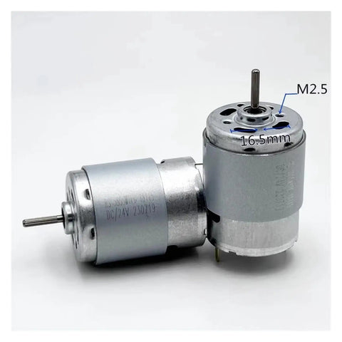Rock Solid 385 Series DC Electric Motor 12V 18V 24V Multi Volt 9000RPM showing dual silver motors with M2.5 shaft and 16.5mm diameter.