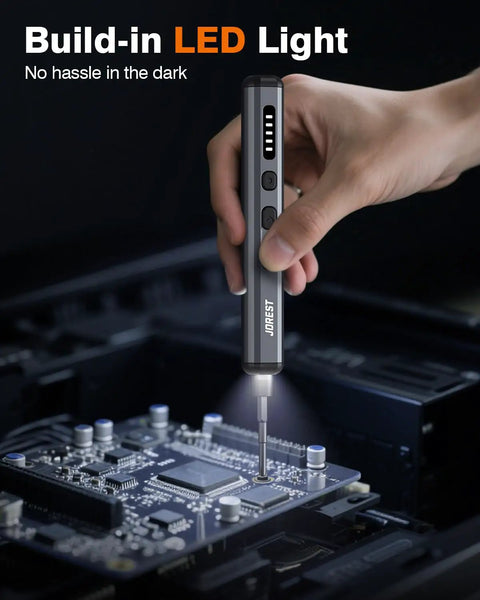 Using Cordless Precision Mini Electric Screwdriver Kit With 38 Magnetic Bits, 5 Adjustable Torque Settings, lightweight repair tool on circuit board