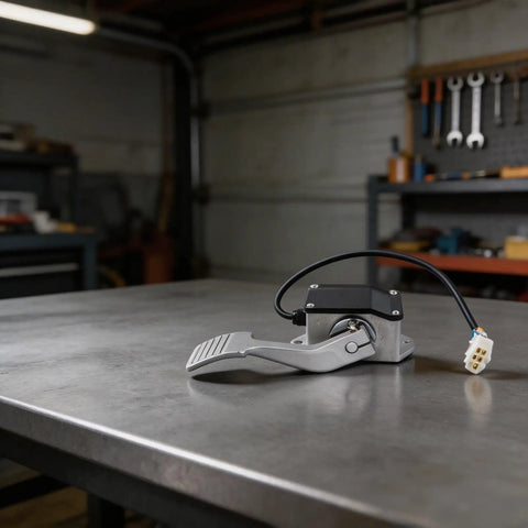 Heavy Duty Metal Throttle Foot Pedal For Golf Cart And Electric Vehicle on a workbench, showcasing IP55 waterproof seal and sturdy design.