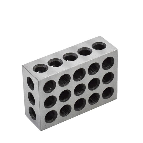 Machinist block 1x2x3 with 23 holes; metal block shown in angled front view
