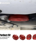Red 4 Pcs Lifting Jack Pads Pucks For Corvette C5 C6 C7 Z06 ZR1 C8 installed on vehicle lift point, made of heavy duty aluminum.