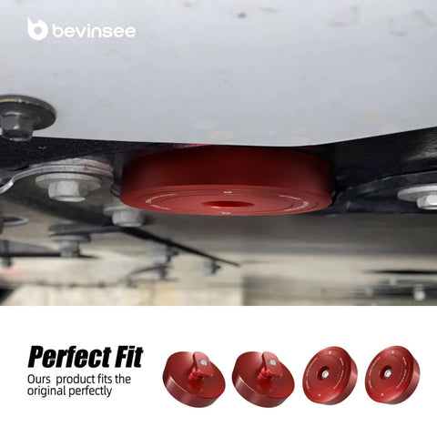 Red 4 Pcs Lifting Jack Pads Pucks For Corvette C5 C6 C7 Z06 ZR1 C8 installed on vehicle lift point, made of heavy duty aluminum.