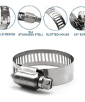Front view of 304 stainless steel transmission hose clamp with slotted holes and 3/8 in screw