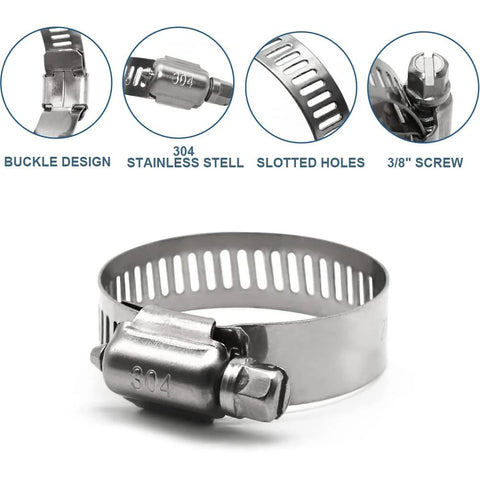 Front view of 304 stainless steel transmission hose clamp with slotted holes and 3/8 in screw