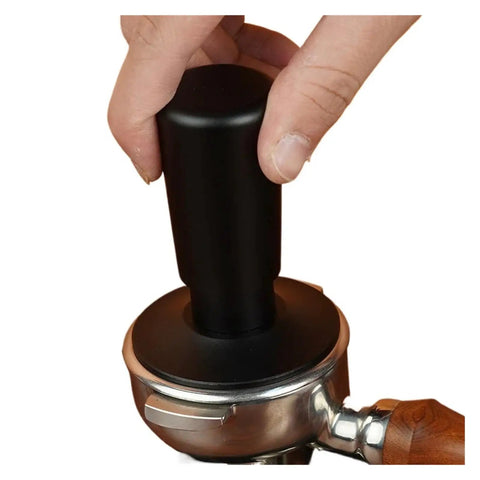 Top Shelf Espresso Distribution Needle Set And 51 Mm Tamper With Dosing Funnel Shower Screen Brush Barista Gear For Home Brew Precision Grounds Mixer For Smooth Shots, pressing black tamper on portafilter.