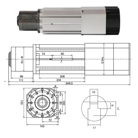 Heavy Duty Cnc Spindle Motor With Automatic Tool Changer Support Liquid And Air Cooled 9 Kilowatt Spindle detailed drawing dimensions