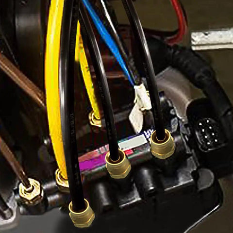 Brass Quarter Inch Push To Connect Pneumatic Fittings Set installed on air brake line system, showing 5 quick connect hose fittings