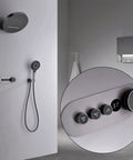 Wall Mounted Thermostatic Shower System Featuring LED Digital Display And A Slick 12 Inch Rain Shower Head With A Three Function Handheld Sprayer on grey wall.