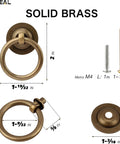 4 Pack Solid Antique Brass Cabinet Ring Pulls Set For Drawers And Cabinets with dimensions, M4 screws, vintage style hardware