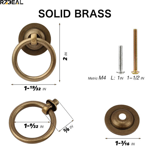 4 Pack Solid Antique Brass Cabinet Ring Pulls Set For Drawers And Cabinets with dimensions, M4 screws, vintage style hardware