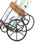 Handmade Asian Style Rickshaw Puller Wine Bottle Holder With Natural Rattan Accents, showing detailed metal frame and glass bottle.
