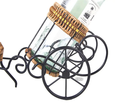 Handmade Asian Style Rickshaw Puller Wine Bottle Holder With Natural Rattan Accents, showing detailed metal frame and glass bottle.