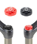 Bike Air Valve Top Cap For Front Fork Suspension Aluminum Alloy Shield Protective Cover shown in black and red