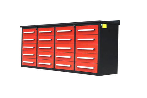 Built Like A Tank 20 Drawer Tool Cabinet With Integrated Workbench And Locking Drawers For Garage Or Shop Featuring Non Slip Pads And Welded Steel Frame showing 20 red drawers.