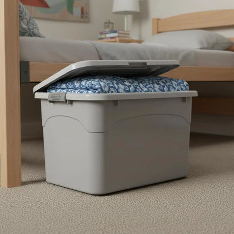 Heavy Duty Stackable Storage Totes With Secure Hinged Lids And Smooth Rolling Casters Plus Reinforced Side Handles For Clutter Free Closet Organization And Dorm Spaces storing cushions under bed.