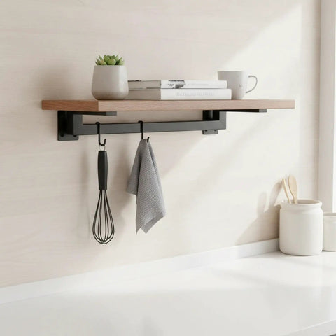 Must Have Wall Mounted Floating Shelf Bracket With Hooks In Black Finish Cold Rolled Steel Support For Standard Shelves Add Vertical Storage