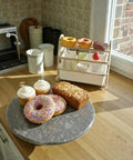 16 Inch Marble Lazy Susan Round Stone Rotating Serving Tray with pastries in kitchen countertop scene