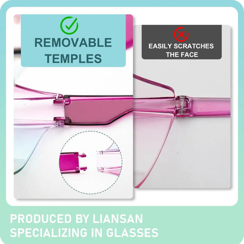 Comparison of eyeglasses with removable temples vs scratched temples, highlighting Over Eyeglasses Safety Glasses benefits.