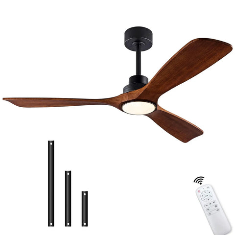 Cool 52 Inch Wood Ceiling Fan With Light Remote, Quiet DC Motor, 3 Solid Wood Blades In Black And Dark Walnut, Indoor Outdoor Use