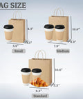 Custom Logo Gift Bags Kraft Paper With Handles Set Of 100 Double Sided Color Printing In Six Color Options Three Sizes Ideal For Small Businesses And Retail Packaging shown with coffee cups and croissant for size comparison.