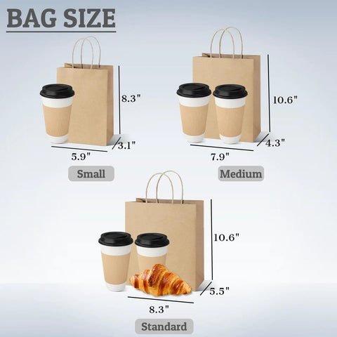 Custom Logo Gift Bags Kraft Paper With Handles Set Of 100 Double Sided Color Printing In Six Color Options Three Sizes Ideal For Small Businesses And Retail Packaging shown with coffee cups and croissant for size comparison.