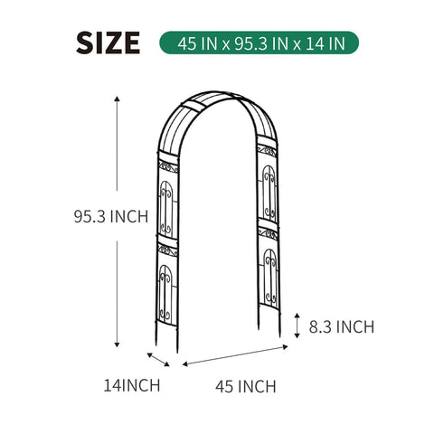 Heavy Duty Rustproof Iron Garden Arbor Wedding Arch, 95.3 Inch High By 45 Inch Wide, dimensions diagram showing height and width