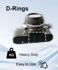 D-Ring mount on camera body showing heavy-duty design in use with Four Pack Beefed Up Stainless Steel D Ring Screw Adapter Kit For Cameras With Soft Cushion Base And Hassle Free One Quarter Twenty Thread Mount For Tripods Selfie Sticks Gimbals And Photography Strap Gear In Classic Black.