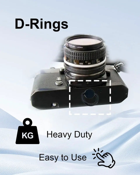 D-Ring mount on camera body showing heavy-duty design in use with Four Pack Beefed Up Stainless Steel D Ring Screw Adapter Kit For Cameras With Soft Cushion Base And Hassle Free One Quarter Twenty Thread Mount For Tripods Selfie Sticks Gimbals And Photography Strap Gear In Classic Black.