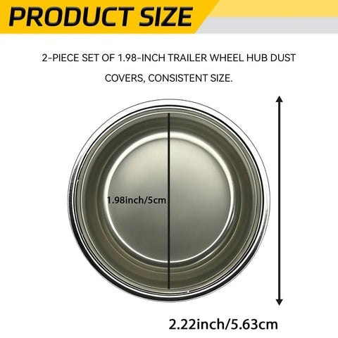 2 Pack 1.98 Inch Trailer Hub Dust Caps shown from above, measuring 1.98 inches, steel material for RV and camper use.