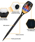 Diagram of Six Pack Solar Torch Lights With Colorful Flickering Flames, Waterproof Tiki Torches For Outdoor Pathways, Gardens, And Patios, Easy Setup, Weatherproof Outdoor Lighting For Lit Nighttime Ambiance And Curb Appeal showing parts and materials.