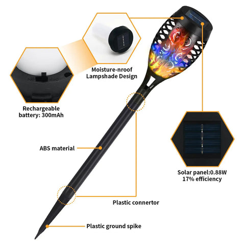 Diagram of Six Pack Solar Torch Lights With Colorful Flickering Flames, Waterproof Tiki Torches For Outdoor Pathways, Gardens, And Patios, Easy Setup, Weatherproof Outdoor Lighting For Lit Nighttime Ambiance And Curb Appeal showing parts and materials.