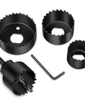 SkyStage six-piece hole saw kit with four black carbon-steel hole saws (1-1/4"–2-1/8"), mandrel and hex key
