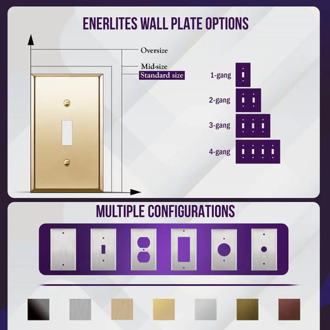 Toggle Light Switch Wall Plate, Metal 3-Gang 4.50 x 6.38 Inches, Brass Gold Finish, chart of wall plate sizes and colors