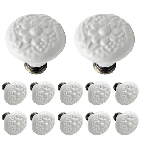 12 Pack White Ceramic Kitchen Cabinet Knobs With Two Screw Sizes And Includes Mini Screwdriver For Easy Install, 34mm Diameter And 30mm Height, Modern Durable Hardware For Cabinets And Drawers, floral embossed white ceramic knobs